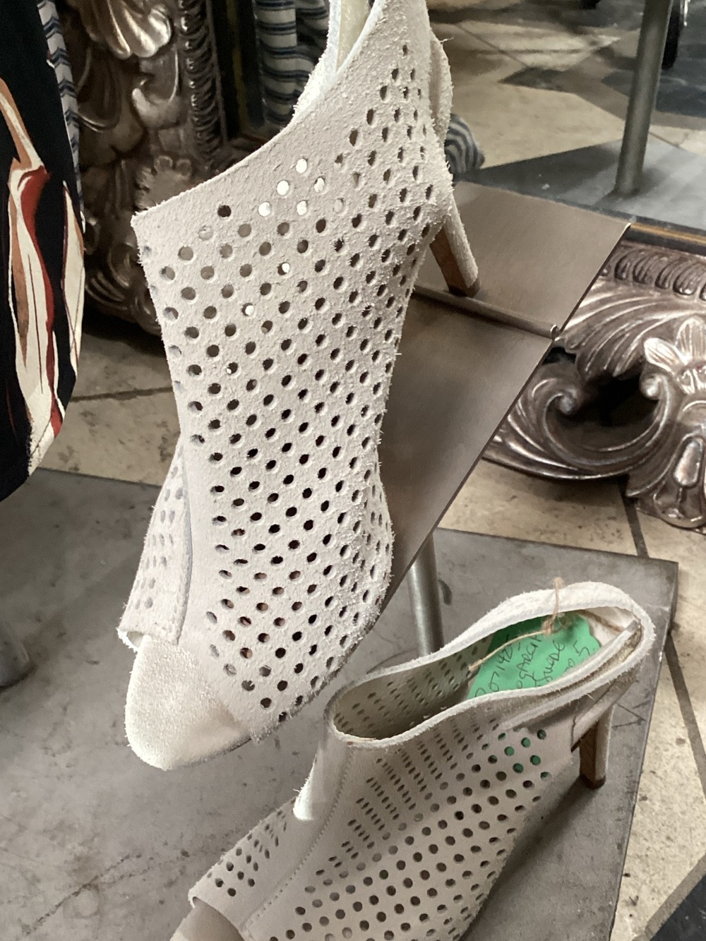 Pedro Garcia White Perforated Open-Toe Stiletto Heels Velcro ease